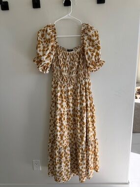 Smocked Puff Sleeve Floral Maxi Dress in Mustard and White